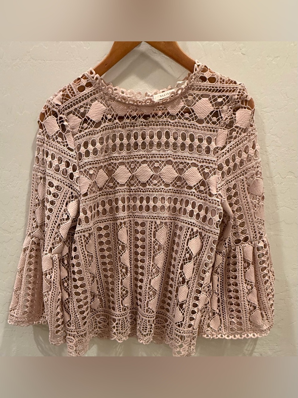 Ellison Blush Boho Lace Crochet Bell Sleeve Top Medium